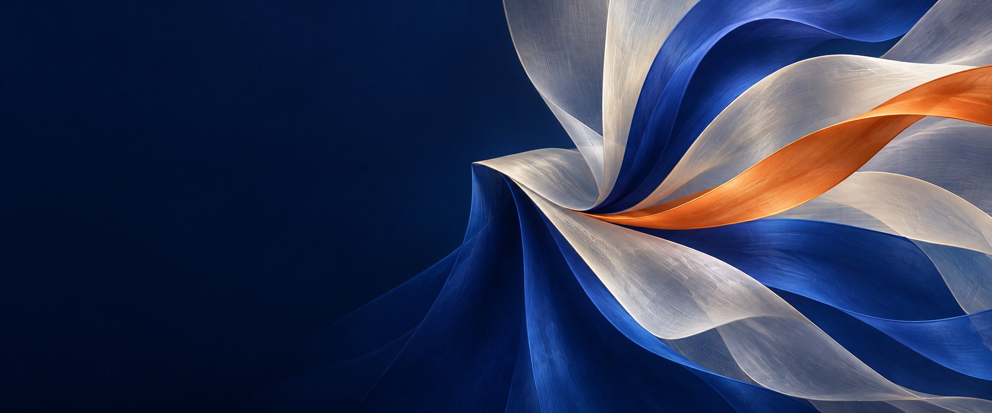 Abstract graphic of blue, white and orange ribbons unfolding from a single point on a navy background